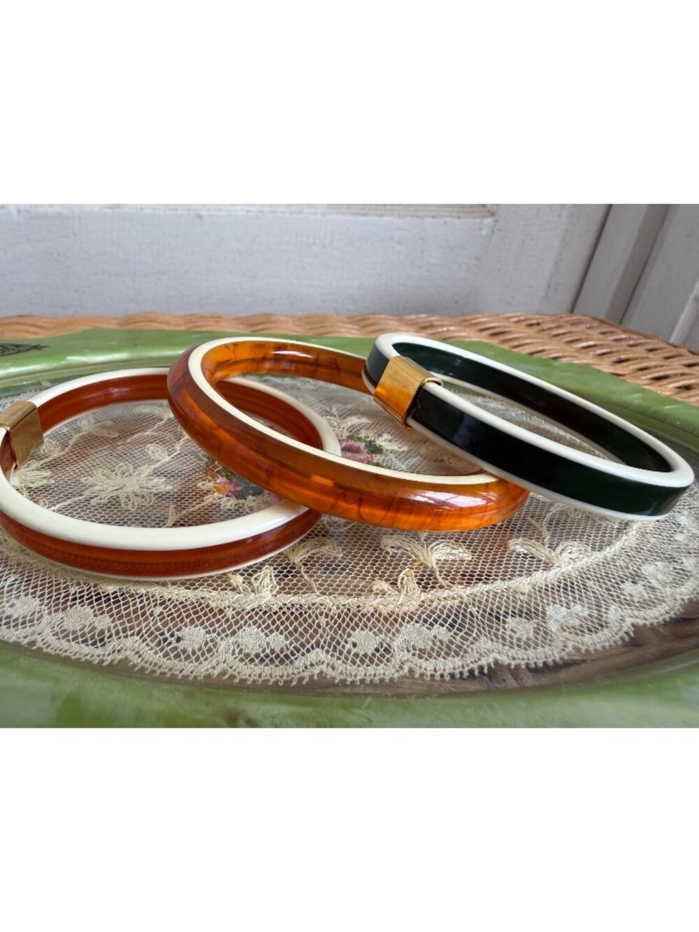 Vintage 60s stack 3 Bracelets Bangles Rootbeer Bakelite Cream Celluloid